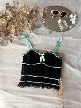 Y2K Bebe Blue and Black Bow Detail Ruffle Trim Corset Bustier Top